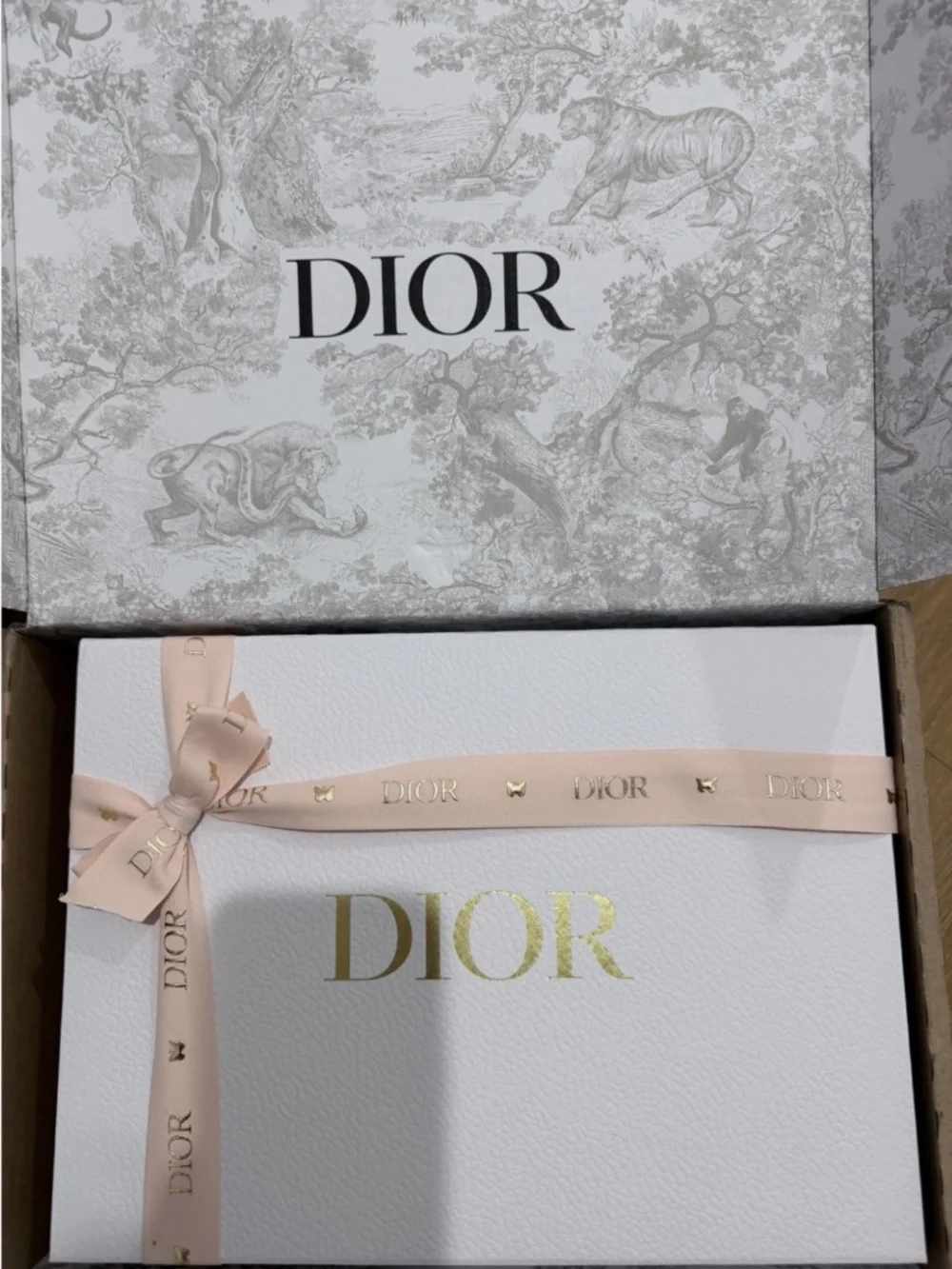 Large Dior Storage Empty Gift Box w. Tissue Peach Ribbon Bag 12.5 x 9 x 5 in NEW